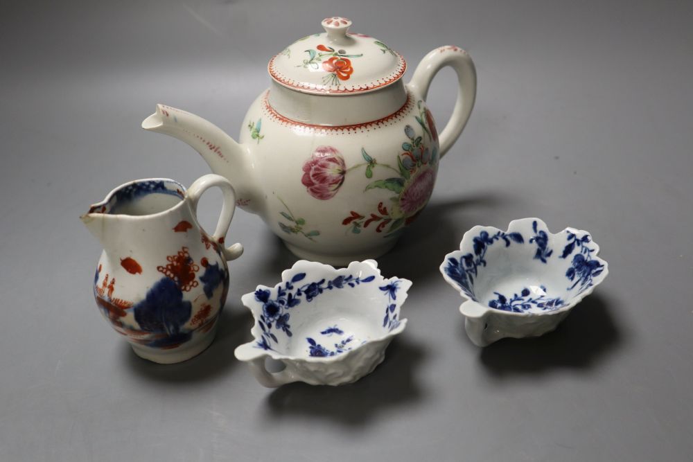 A Bow teapot and cover, two Worcester geranium moulded butterboats and a Lowestoft sparrow beak jug, jug 12cm